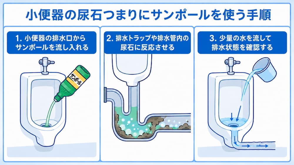 小便器の尿石つまりにサンポールを使う手順