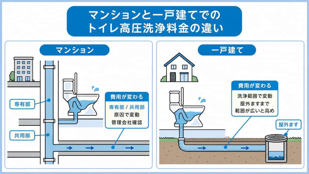マンションと一戸建てでのトイレ高圧洗浄料金の違い