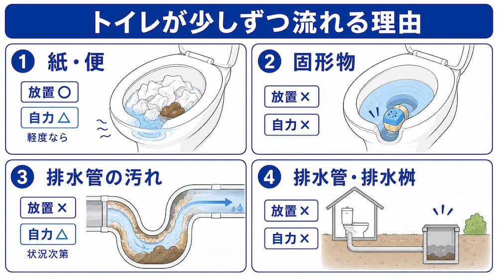 トイレが少しずつ流れる理由は?放置してもいい?